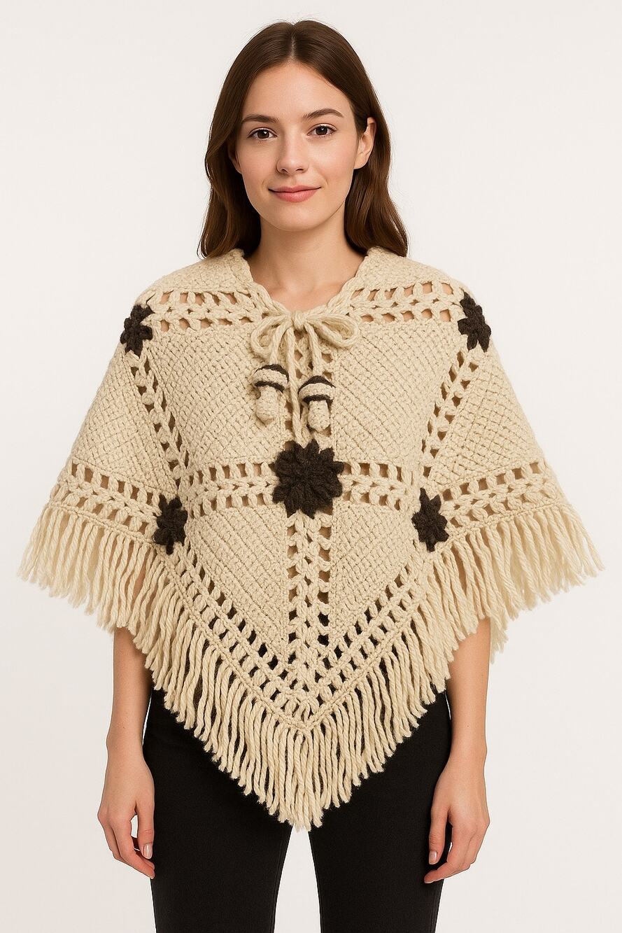 Vintage 1970s Handmade Crochet Poncho with Mushroom Tassel Ties & Fringe S-M